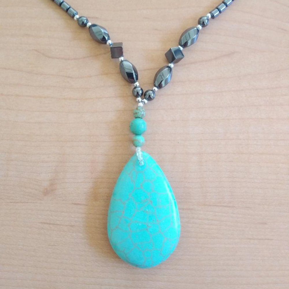 Hematite Necklace with Faux Turquoise Drop Semi-Precious Stone